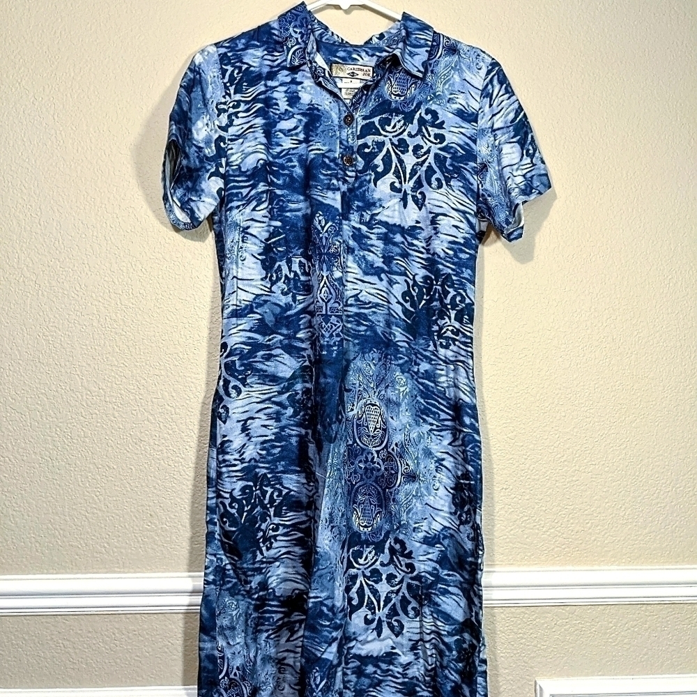 Caribbean Joe Blue Tropical Shirt Dress